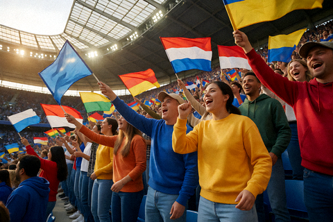体育场内球迷举旗助威的热烈场面